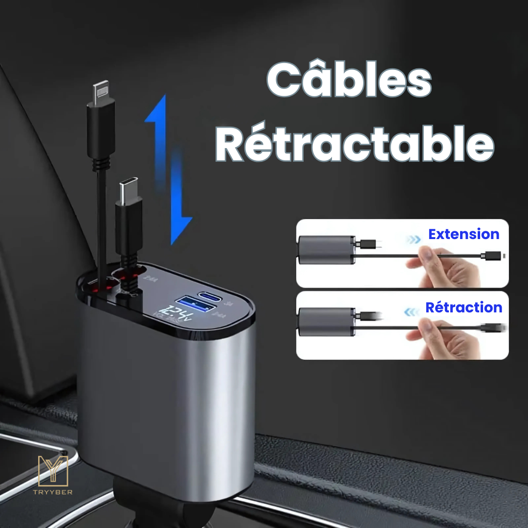 T-FlexPower - Chargeur pour voiture avec câble Rétractable ( IPhone & Android )
